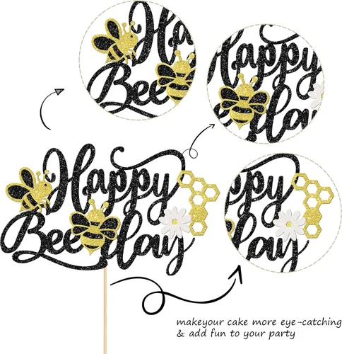 Miniatura 2 de ZHUOWEISM 1 decoración para pastel con diseño de abeja y flores con purpurina de panal de abejorros para pastel de cumpleaños, para temática