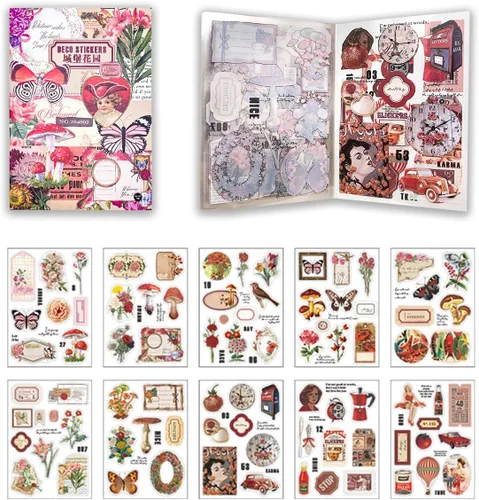 Miniatura 7 de Calcomanías de diario basura para álbumes de recortes, 166 piezas retro de flores, mariposas, naturaleza, poemas, letras decorativas para álbumes