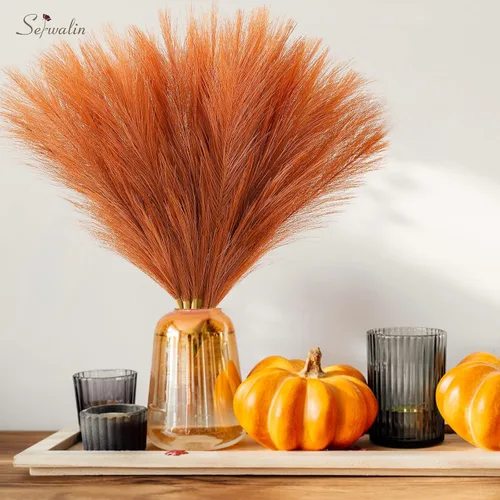 Miniatura 8 de Serwalin Decoración de Hierba de Pampas de 17.7 Pulgadas 6 Piezas Hierba de Pampas Naranja, Hierba de Pampas Falsa Naranja Quemado Decoración Boho