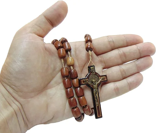 Miniatura 3 de Catholica Shop Collar de cruz de plata con cuentas de madera Rosario I Religious Wear Saint Benedict I Collar de cruz negra para hombres y mujeres I
