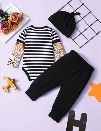 Miniatura 12 de Conjunto de 3 piezas de ropa para bebé y niño, manga de tatuaje, mameluco divertido y pantalones