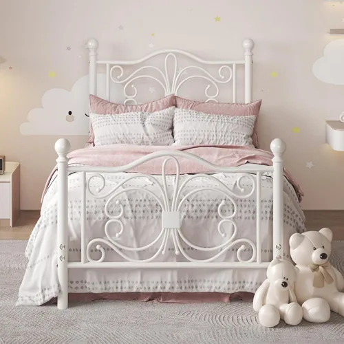 Miniatura 10 de E-Motie Base de cama de plataforma de metal tamaño individual con cabecero y estribo de diseño de mariposa/base de colchón/almacenamiento debajo