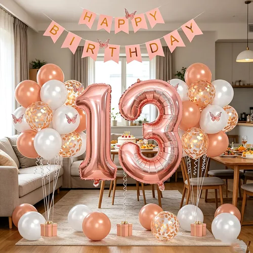 Miniatura 9 de 13th Birthday Decorations For Girls -Rose Gold Pearl White Balloons, 32 Inch Rose Gold "13" Balloon, 3D Butterflies Stickers, Happy Birthday Banner