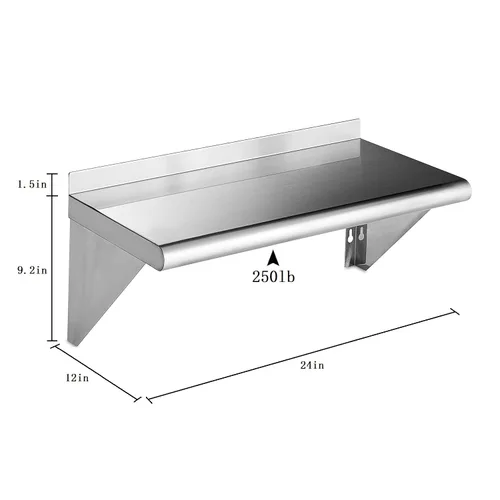 Miniatura 3 de ROCKPOINT Estante de acero inoxidable de 12 x 24 pulgadas, 250 libras, estantes comerciales de metal NSF para montaje en pared, estantería flotante