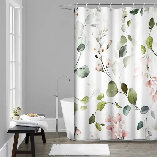 Miniatura 17 de Cortina de ducha pequeña de eucalipto azul acuarela, juego de cortinas de ducha pequeñas impermeables con diseño floral de primavera con ganchos, 36