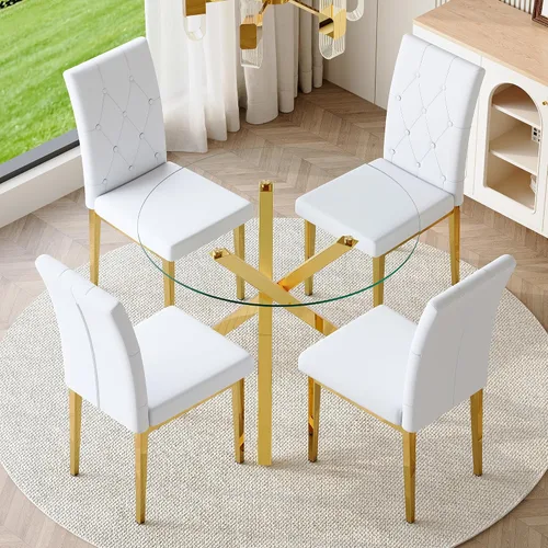 Miniatura 23 de Juego de mesa de comedor redonda de vidrio para 4, mesa de cocina redonda de 39 pulgadas y sillas para 4 personas con tapa de vidrio templado y base