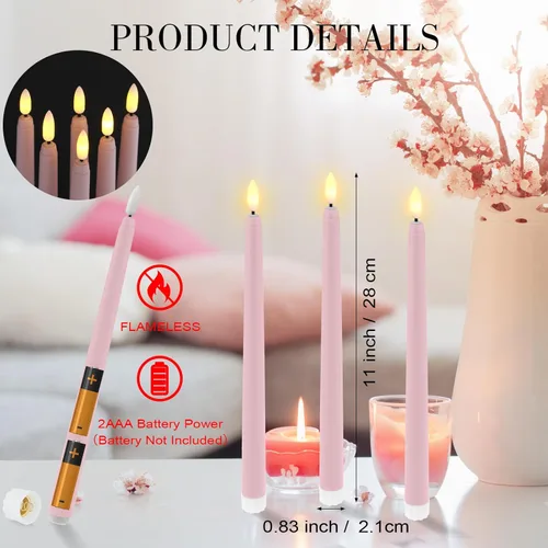 Miniatura 2 de Macarrie 24 Paquetes de Velas Cónicas Sin Llama Operadas por Batería Falsas de 11 Pulgadas de Largo Luz de Vela LED Sin Llama Candelabros Rosa