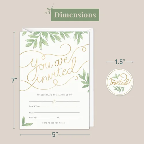 Miniatura 2 de Rileys & Co Paquete de 50 tarjetas de invitación de boda con sobres, calcomanías incluidas, impresión de lámina dorada y diseño de hojas, 5 x 7