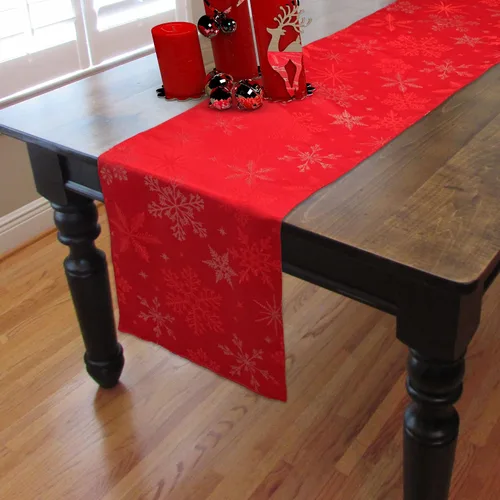 Miniatura 13 de Camino de mesa tejido jacquard metálico con copos de nieve azul navideño (corredor de 14" x 72")