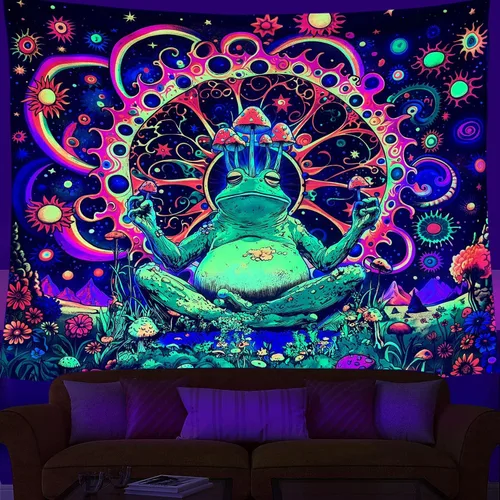 ARTCREATOR - Tapiz de rana y hongos con luz negra, decoración de pared hippie caprichosa, tapices reactivos a los rayos UV, tapices vintage de rana