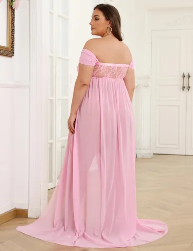 Miniatura 5 de Vestido de maternidad para sesión de fotos con hombros descubiertos, vestido de gasa con abertura frontal, maxi vestidos de embarazo para fotografía