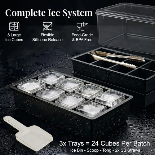 Miniatura 3 de Bandeja grande de silicona para cubitos de hielo, paquete de 3 bandejas para 8 cubos cuadrados con cubo grande, cuchara, pinza y 2 pajitas SS, molde