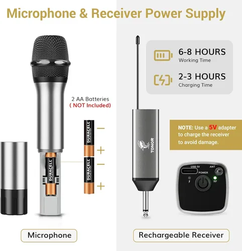 Miniatura 6 de Micrófono inalámbrico TONOR, sistema de micrófono de mano inalámbrico de metal UHF con receptor recargable, para karaoke, canto, fiesta, boda, DJ