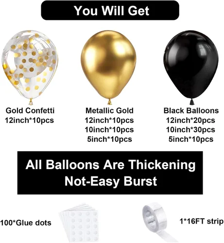 Miniatura 2 de Bezente Kit de guirnalda de globos de oro negro, 100 globos de confeti cromado metálico dorado negro y dorado con cinta para Año Nuevo 2026, boda