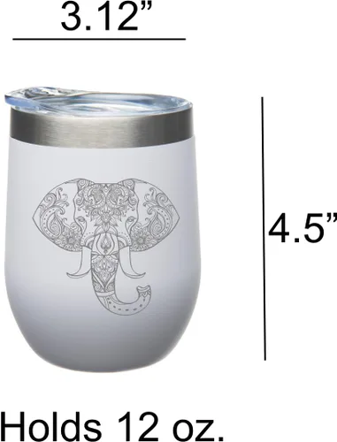 Miniatura 6 de CM - Vaso de vino con doble aislamiento y tapa de 12 onzas, copa de vino sin tallo grabada con elefante de acero inoxidable con recubrimiento