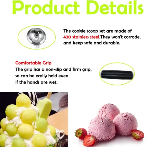 Miniatura 3 de Paquete de 4 cucharas de bola de helado de fruta de doble extremo, bola de melón de acero inoxidable 430, bolas de melón redondas lisas para sandía