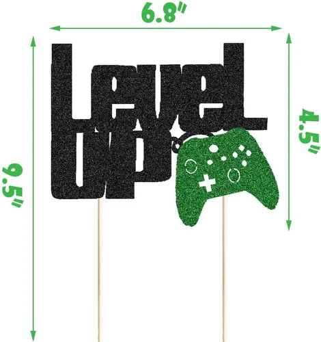 Miniatura 5 de Level Up - Decoración para tartas con purpurina negra y verde para fiesta de videojuegos, controlador de videojuegos, fanáticos de juegos, temática