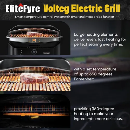 Miniatura 3 de Volteq - Parrilla eléctrica inteligente, 1500 W, 650 °F, barbacoa sin humo para interiores y exteriores, control digital y sonda de carne, todo