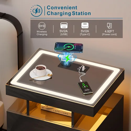 Miniatura 4 de WOOVIVS Juego de 2 mesitas de noche con carga inalámbrica y luces LED para dormitorio, mesita de noche con tablero de vidrio y diseño de 2 cajones