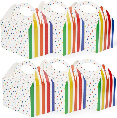 P6RB12 Cajas de regalo Happyhiram 12 piezas para cumpleaños de niños, cajas de regalo de lunares y rayas con asas, cajas de dulces de 6" con Rincón