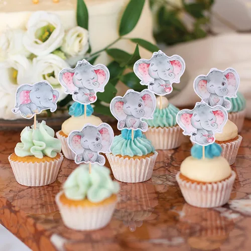 Miniatura 6 de 36 piezas de decoración para cupcakes de elefante rosa con texto en inglés "It's a Girl" para decoración de revelación de género, baby shower