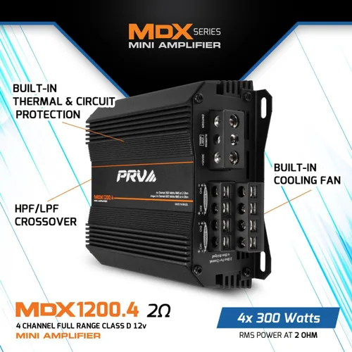 Miniatura 3 de PRV Audio MDX1200.4 Amplificador de audio para automóvil de 2 ohmios mini de 4 canales 4 x 300 vatios RMS a 2 ohmios - 1200 vatios 12 voltios