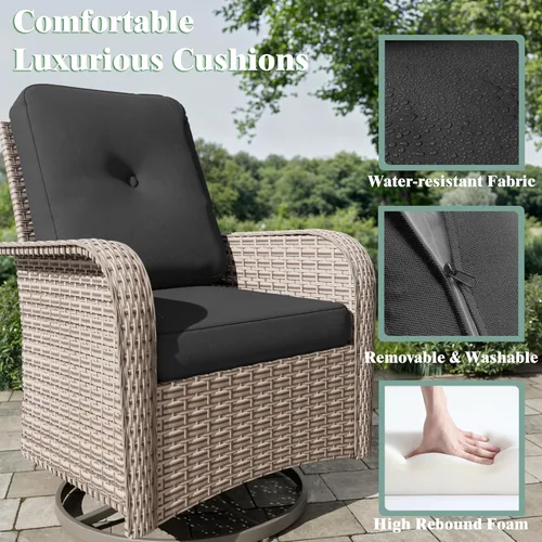 Miniatura 5 de Juego de muebles de patio de 3 piezas, sillas mecedoras giratorias para exteriores con mesa auxiliar de ratán, juegos de mimbre para patio