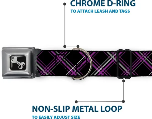 Miniatura 5 de Buckle-Down Collar de perro con hebilla para cinturón de seguridad, a cuadros, negro, morado, gris, 1 pulgada de ancho, se adapta a cuello de 9 a 15