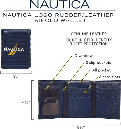 Miniatura 35 de Nautica Men's Trifold Wallet RFID Blocking Protection ID Window Card Slots Genuine Leather Durable