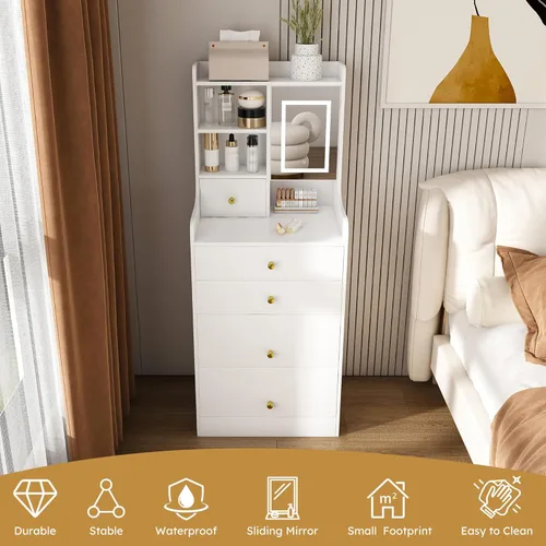Miniatura 5 de Runboll - Mesa de Tocador Compacta con Taburete de Almacenamiento y Espejo Iluminado Ajustable, Escritorio de Maquillaje Pequeño 3-en-1 con 4