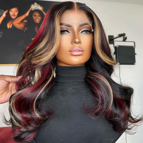 Miniatura 2 de abgese Peluca de cabello humano ondulado con reflejos rojos, pelucas de cabello humano ondulado con encaje frontal, densidad del 180 %, encaje