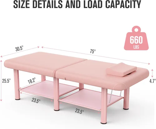 Miniatura 2 de pouseayar Mesa de masaje estacionaria rosa cama plegable con respaldo y espacio de almacenamiento para mesa de tratamiento, mesa de terapia física
