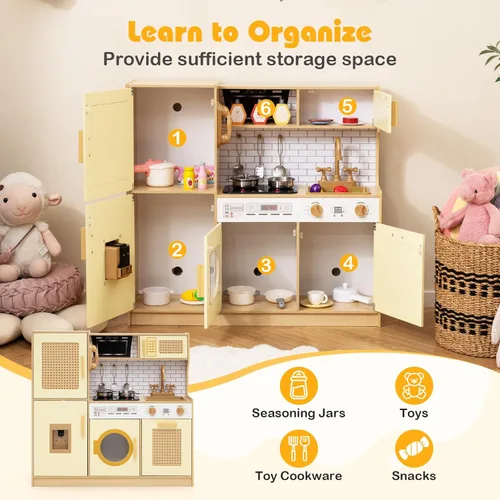 Miniatura 7 de HONEY JOY Cocina de Juguete de Madera con Diseño de Ratán, Juego de Cocina de Juguete para Niños Pequeños, Estufa con Luces y Dispensador de Agua