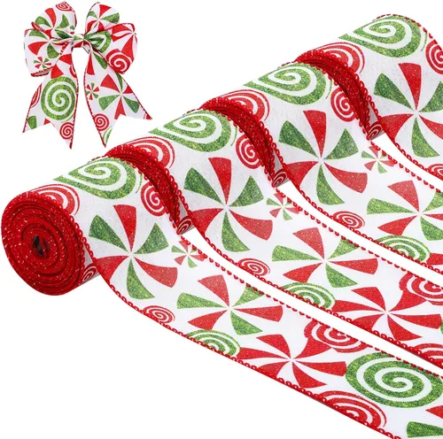 Berlune 4 rollos de cinta de Navidad con borde con alambre de menta de 2.5 pulgadas de ancho, cinta de arpillera para manualidades, corona, árbol,