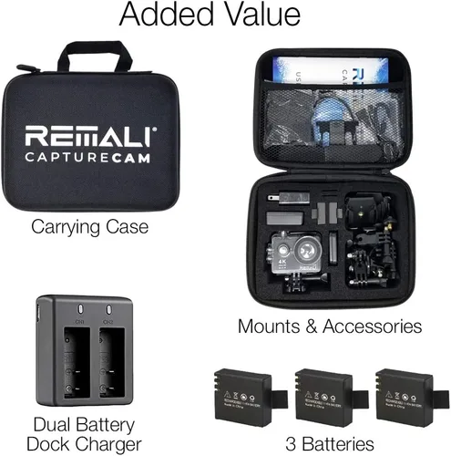 Miniatura 8 de REMALI CaptureCam 4K Ultra HD y 12MP - Kit de cámara de acción deportiva impermeable con funda de transporte, 3 baterías, cargador de batería doble