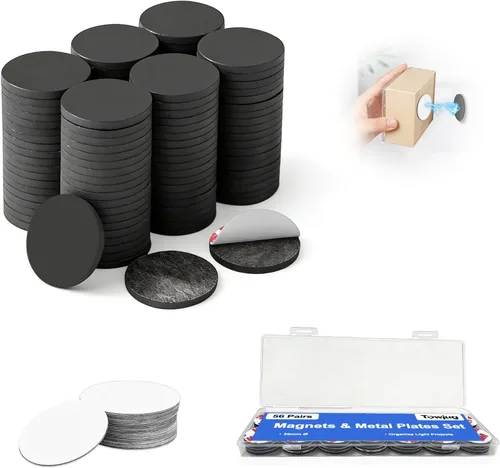 Towjug Imanes adhesivos flexibles y placas redondas de metal, 56 puntos magnéticos adhesivos con calcomanías de hierro para manualidades,