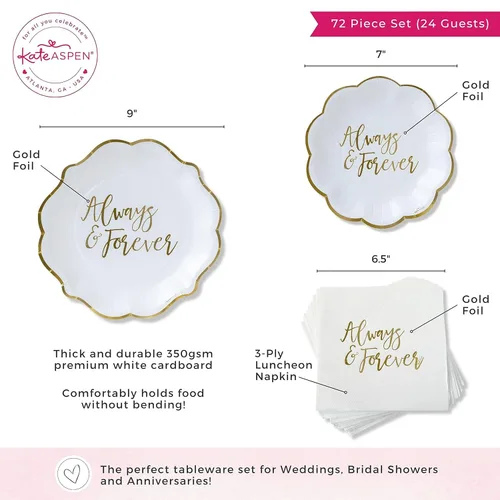 Miniatura 7 de Kate Aspen Always & Forever - Juego de platos y servilletas de papel para boda, 72 piezas, platos de boda, vajilla desechable para 24 invitados