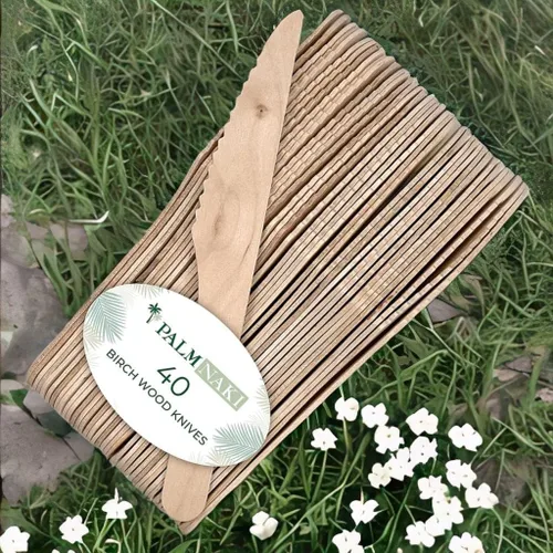 Miniatura 3 de PALM NAKI Birchwood Cutlery - 40 unidades - Vajilla desechable, ecológica, cubiertos compostables y biodegradables (cuchillos, paquete de 40)