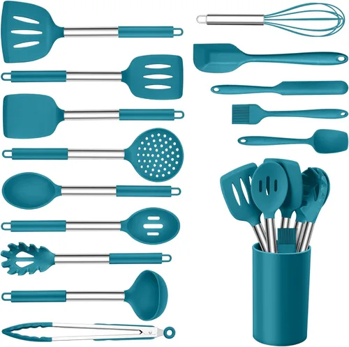Onader - Juego de utensilios de cocina de 15 piezas con soporte, espátula de silicona resistente al calor con mango de acero inoxidable, color azul