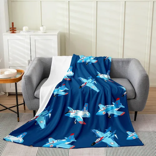 Miniatura 24 de Castle Fairy Manta de forro polar Sherpa con estampado de aviones para niños, manta de franela de dibujos animados para sofá, avión, azul y blanco
