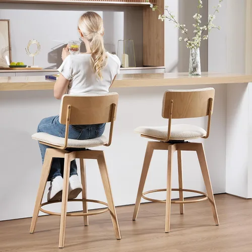 Miniatura 9 de ONEVOG Juego de 2 taburetes de bar giratorios de madera de 26 pulgadas de altura de mostrador, modernas sillas altas tapizadas para isla de cocina