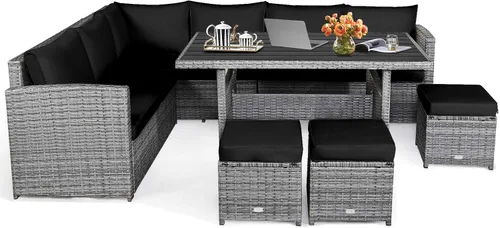 Miniatura 14 de HAPPYGRILL Juego de muebles de mimbre de ratán de 7 piezas, juego de muebles de patio al aire libre con cojines, juego de sofá de ratán con mesa
