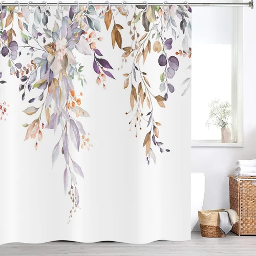 Miniatura 26 de Cortina de ducha de eucalipto, hojas verdes de acuarela en la parte superior con cortina de baño floral, decoración de baño para bañera, tela Hoja