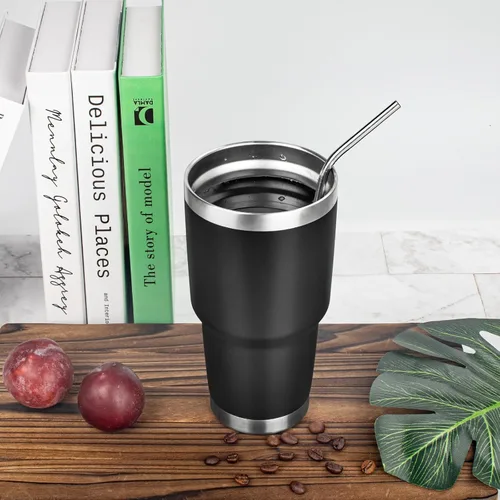Miniatura 7 de Vaso de 30 onzas con tapas y pajillas, vaso aislado al vacío de doble pared, de acero inoxidable, a prueba de fugas, con recubrimiento en polvo