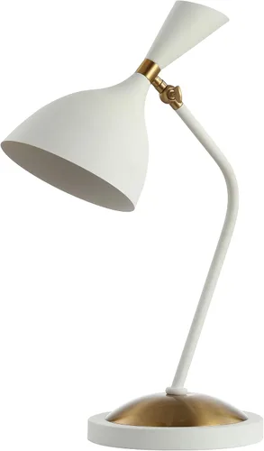 JONATHAN Y Lámpara de mesa LED retro de mediados de siglo de 21.5 pulgadas, blanco/latón, para oficina en casa, luz de tarea ajustable con pantalla