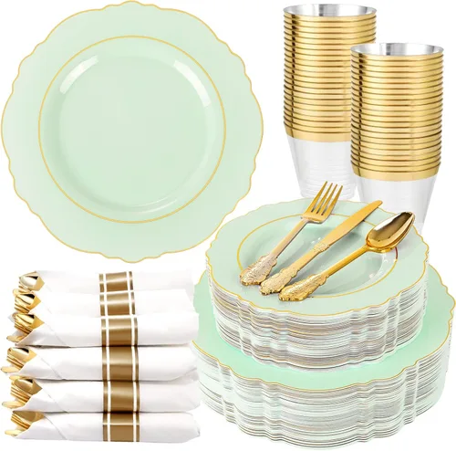 Miniatura 15 de Liacere 350 platos de plástico dorados, platos desechables blancos y dorados, vajilla de plástico barroco para 50 invitados, incluye 100 platos, 50
