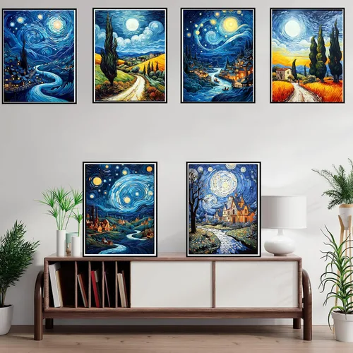 Miniatura 4 de Leatrice Juego de 6 piezas de arte de diamantes de Van Gogh para adultos, pintura de diamantes redondos, kit de pintura de gemas para adultos, Van