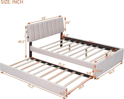 Miniatura 2 de Cama de plataforma tapizada de tamaño matrimonial con nido, cama con plataforma tapizada de vellón de peluche con soporte de listones de madera