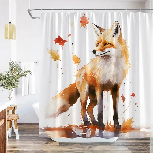 Cortina de ducha con diseño de zorro, animales del bosque, arce, dibujados a mano, garabatos dibujados a mano, estilo pintura al óleo, juego de baño