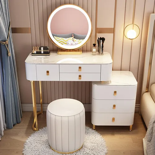 Miniatura 13 de Tocador, tocador de maquillaje con taburete acolchado, tocador con espejo iluminado LED y mesa auxiliar, mesa de maquillaje con 3 cajones